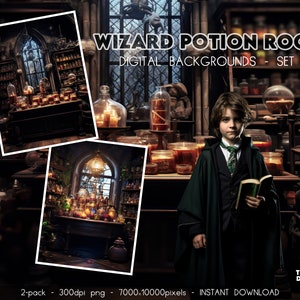 Könnte beinhalten: Ein digitales Hintergrundbild eines Zaubertrankraums mit Regalen voller Glasflaschen, Kerzen und einem jungen Jungen in einer grünen Robe, der ein Buch hält. Der Text "WIZARD POTION ROOM" und "DIGITAL BACKGROUNDS - SET 1" wird oben im Bild angezeigt.