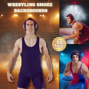May include: A wrestler in a purple singlet stands in a wrestling ring with smoke and spotlights. The text "WRESTLING SMOKE BACKGROUNDS 50 PACK" is visible in the image.