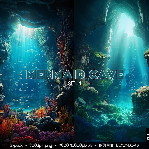 Mermaid Digital Backdrop, Underwater Cave Background, Underwater Background, Underwater Overlays, Ocean Bundle Pack, Fantasy Backdrop