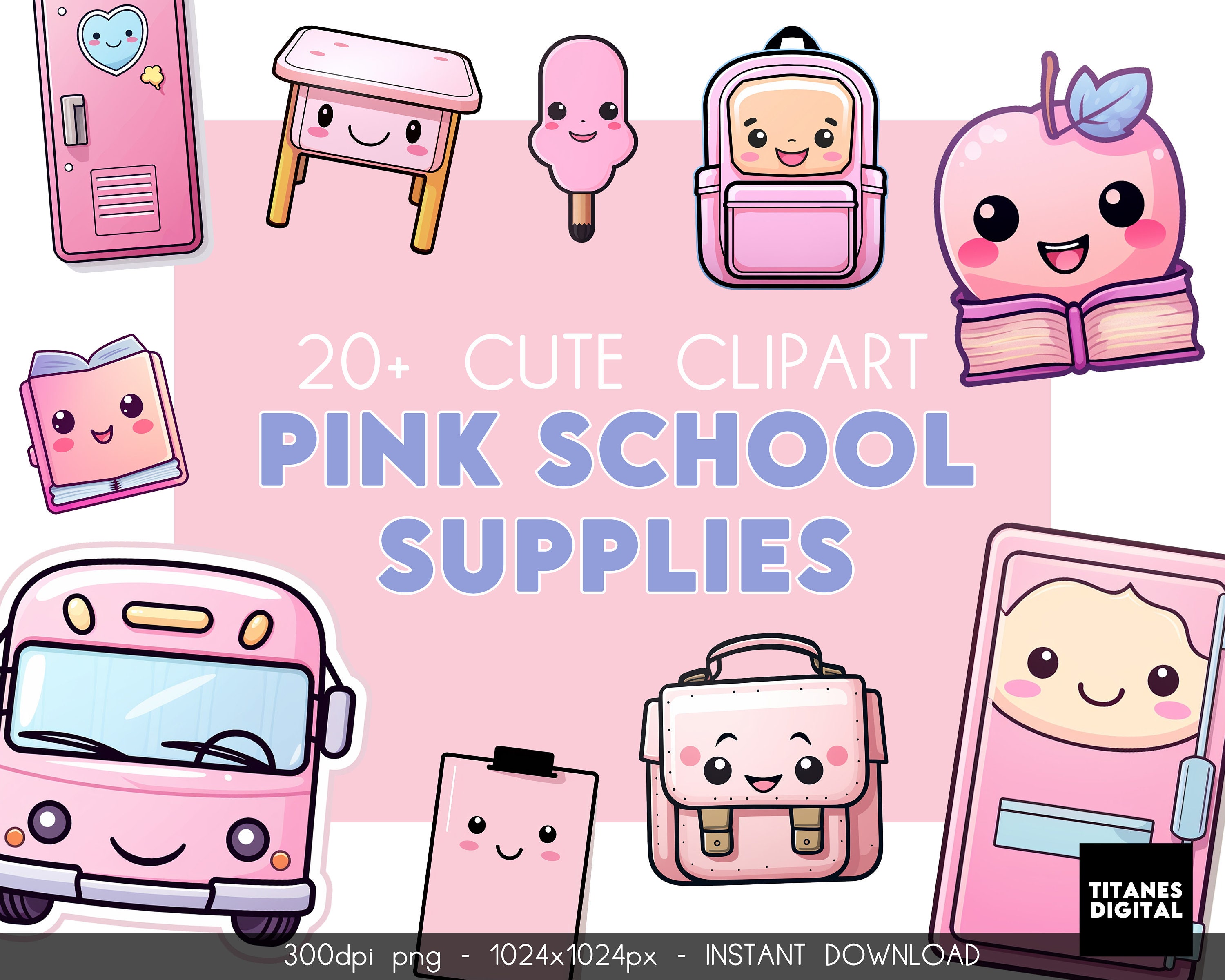 Cute Pink School Supplies PNG Bundle, Cute Back to School Clipart