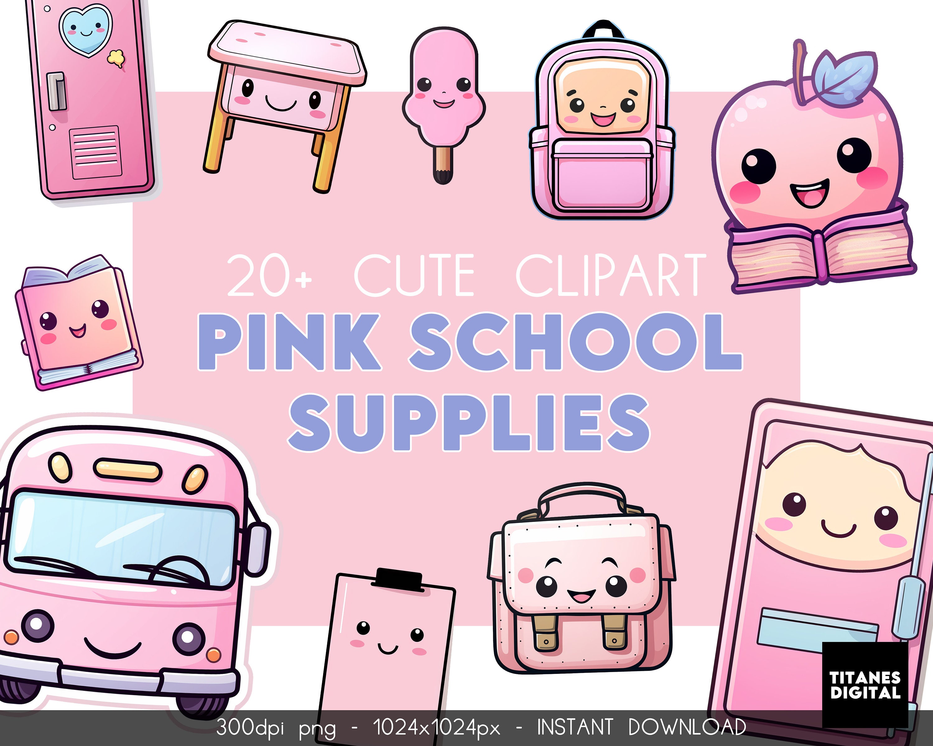 Cute Pink School Supplies PNG Bundle, Cute Back to School Clipart, Book  Clipart, Pink Teacher Png, Kawaii Cute Clipart Digital Download 