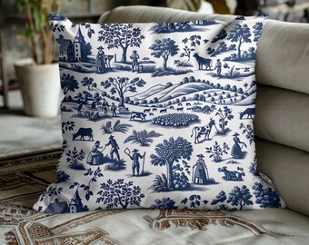 Cuscino quadrato in tela, stile country francese vintage blu e bianco, motivo su entrambi i lati