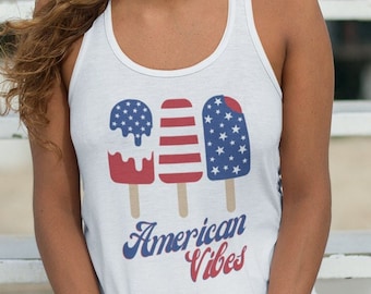 American Vibes Damlinne med Ideal Racerback, Linne med motivet 4 juli, Sommarlinne, Linnen med motivet 4 juli, Linnen med motivet 4 juli Dam