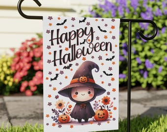 May include: A white garden flag featuring the text Happy Halloween in black script. The design includes a central character wearing a purple witch hat with a small pumpkin, surrounded by orange and purple flowers, bats, and two jack-o'-lanterns.