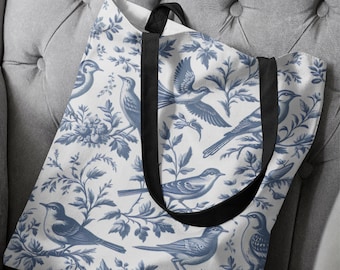 Blue Toile Tote Bag, French Country Bird Design, Reusable Bag