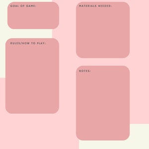 以下が含まれることがあります： ゲームの計画のためのピンクとクリーム色の印刷可能なテンプレート。テンプレートには、ゲームの目標、必要な材料、ルール、メモのセクションがあります。