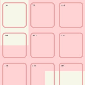 以下が含まれることがあります： 上部に「SEASON AT A GLANCE」というテキストが書かれたピンクとクリーム色のカレンダー。カレンダーは9つの正方形に分割されており、それぞれが1月から9月までの年の月を表しています。月は略語でラベル付けされています：JAN、FEB、MAR、APR、MAY、JUN、JUL、AUG、SEP。