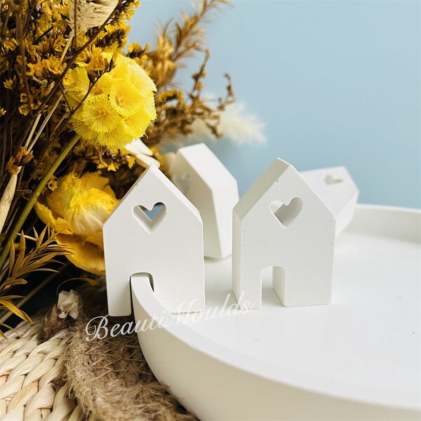 4 in 1 Mini House Molds Set , Heart House to attach Tray Decoration, Small House , Concrete Cement jesmonite, Raysin Casting Silicone Molds