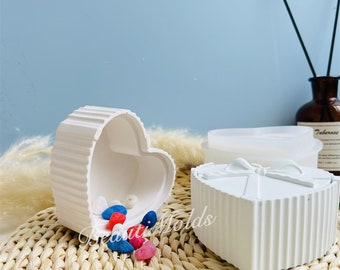 Silicone Box mold - Heart Striped Storage Box Mold , Trinket Jewelry Box with BowTie Lid , Epoxy Resin Cement Concrete jesmonite Molds