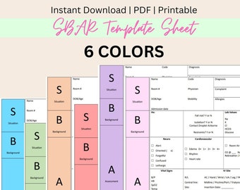 SBAR Template Sheet 6 colors, SBAR, sbar nurse report, sbar nurse sheet, Nursing Student SBAR, sbar nurse report sheet, Instant Download