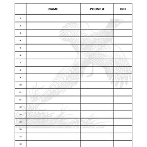 Silent Auction Fund Raiser Bid Sheet, Pheasants Forever Banquet, Printable Fundraising