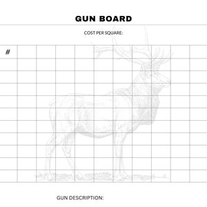 May include: A black and white drawing of an elk on a gridded background. The grid is labeled with numbers and the words "GUN BOARD" and "COST PER SQUARE".