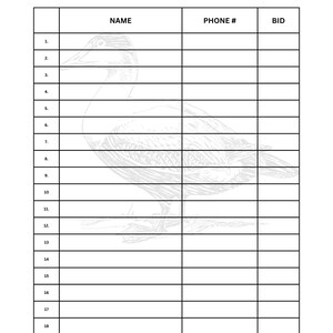 Silent Auction Fund Raiser Bid Sheet, Ducks Unlimited Banquet, Printable Fundraising