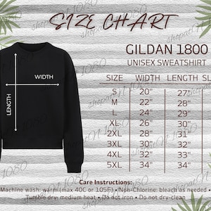 Gildan 1800 Size Chart, Size Chart 1800, Gildan Crewneck Size Chart, Sweatshirt Size Chart, T-shirt Size Chart, Mockup Size Chart