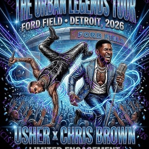 May include: Digital art poster for "The Urban Legends Tour" at Ford Field in Detroit, 2026, featuring Usher and Chris Brown. The image shows the performers with a crowd, and the text "Limited Engagement".