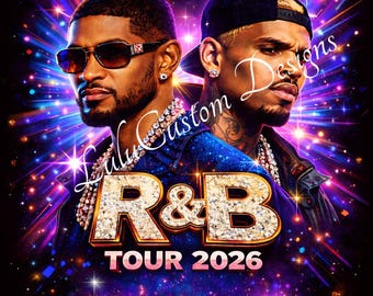 May include: A promotional poster for the R&B Tour 2026 featuring Usher & Chris Brown. The poster has a black background with a vibrant design of purple, blue, and gold colors. The text "USHER & CHRIS BROWN" is at the top, and "R&B TOUR 2026" is at the bottom.
