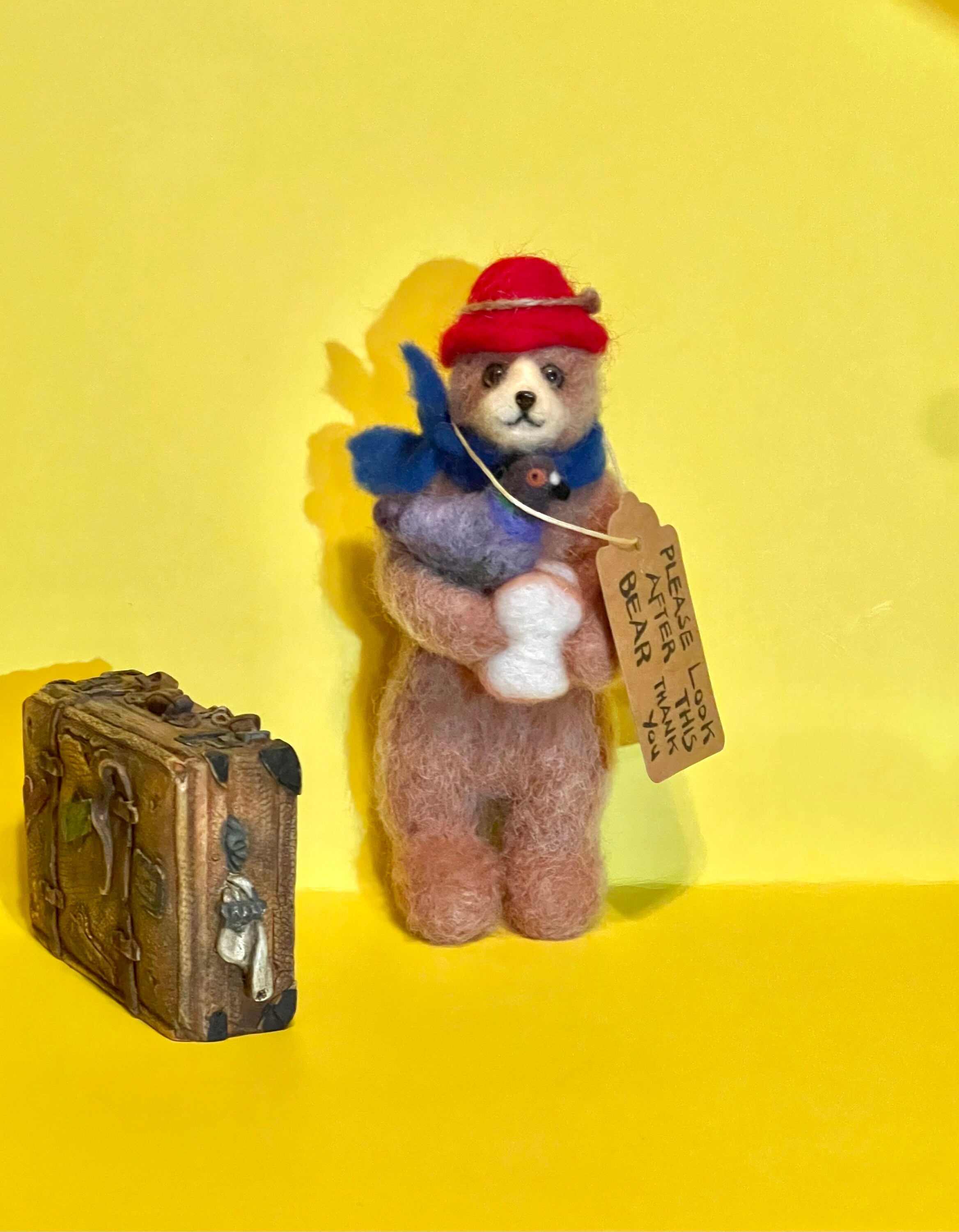 Needle Felted Wool Cute Paddington Grizzly Bear Fiber Sculpture Hanging