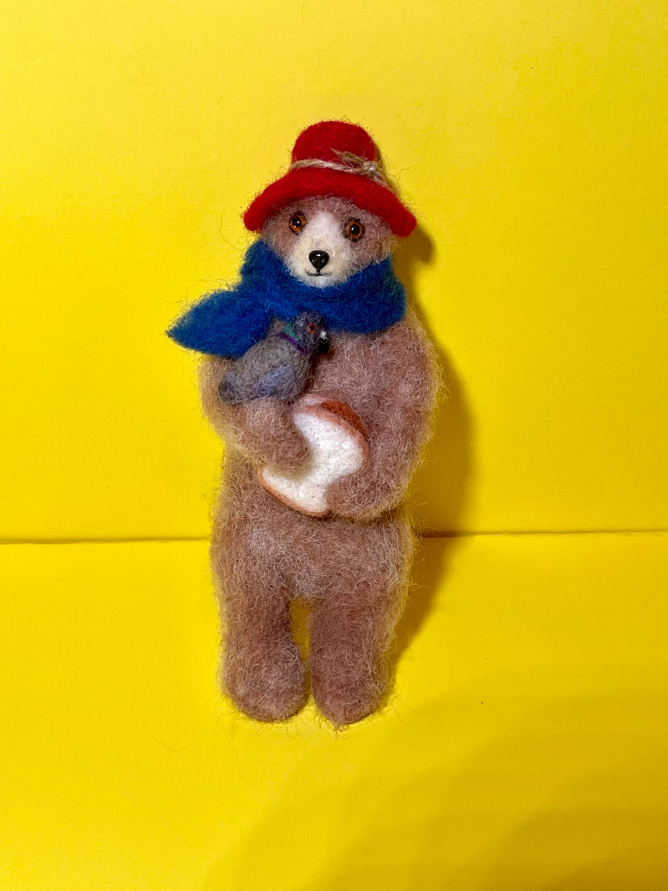 Needle Felted Wool Cute Paddington Grizzly Bear Fiber Sculpture Hanging