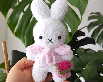 Crochet White Bunny Plushie: Kawaii Stuffed Animal with Strawberry Bag