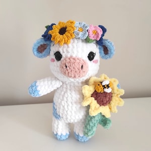 Sonnenblumen-Kuh, Sonnenblumen-Kuh-Plüschtier, Blumen-Kuh, süßes Plushie-Tier, Sonnenblumen-Moo, Häkelkuh, Amigurumi-Kuh, Stofftiere