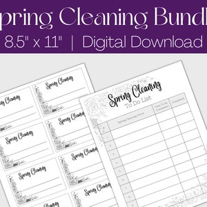 May include: A digital spring cleaning bundle with a to-do list and labels. The bundle includes a to-do list with spaces for chores, dates, and completion status. The labels and to-do list are 21.6 cm x 27.9 cm and have floral accents.