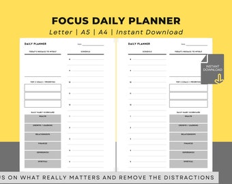 May include: A printable daily planner with two pages. The left page has a section for "Today's Message to Myself", "Top 5 Goals/Priorities", and a "Daily Habit Scorecard" with categories for health, growth/learning, relationships, finances, experiences, and spiritual. The right page has a section for "Today's Message to Myself", "Top 5 Goals/Priorities", and a "Daily Habit Scorecard" with categories for health, growth/learning, relationships, finances, experiences, and spiritual. The planner is designed to help people focus on what really matters and remove distractions. The text "Focus Daily Planner" is at the top of the page. The text "Letter | A5 | A4 | Instant Download" is below the title. The text "Focus on what really matters and remove the distractions" is at the bottom of the page.