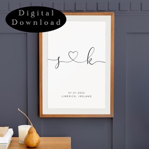 CUSTOM  Initial & Date Print | Connecting Heart Initials | Personalized Couples Print | Engagement | Wedding Anniversary gift  | PRINTABLE