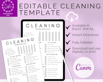 May include: A digital cleaning checklist template with a minimalist design. The template is available in 8.5x11" and A4 sizes, fully editable, and can be downloaded instantly for digital or print use. The design includes a daily and weekly cleaning schedule.