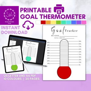 Printable Goal Tracker Thermometer available as an Instant Download which can be used digitally as shown on a laptop and iPad or printed. A total of 20 different colour pages available in US Letter and A4 sized PDFs.