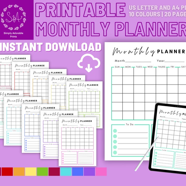 Digital Monthly Planner | 20 | Printable Blank Calendar | Monthly GoodNotes Calendar | Organization Planner Sheet | Reusable Calendar | R2