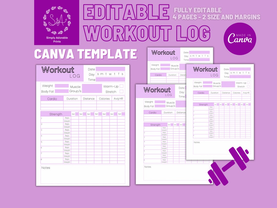 Workout Log Template | 4 | Gym Journal Printable | Canva Workout ...