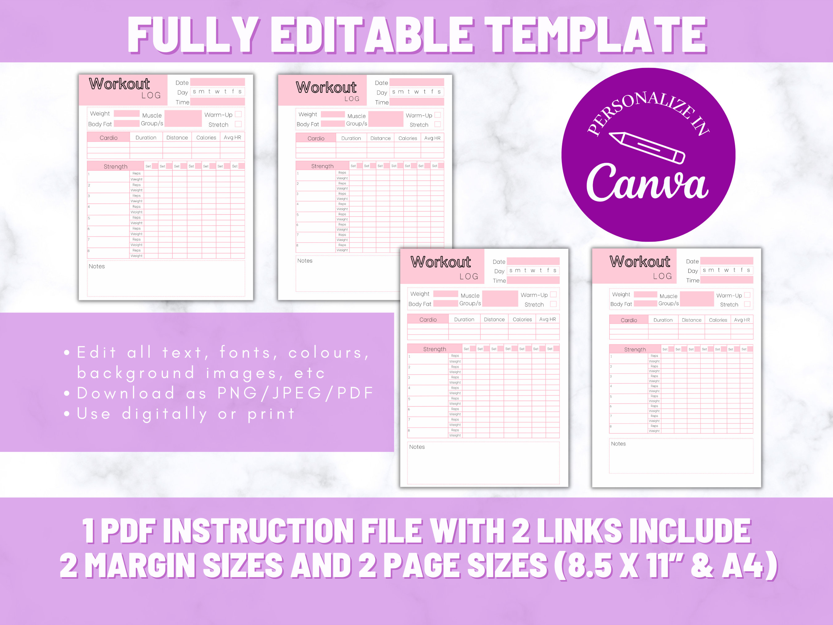 Workout Log Template | 4 | Gym Journal Printable | Canva Workout ...