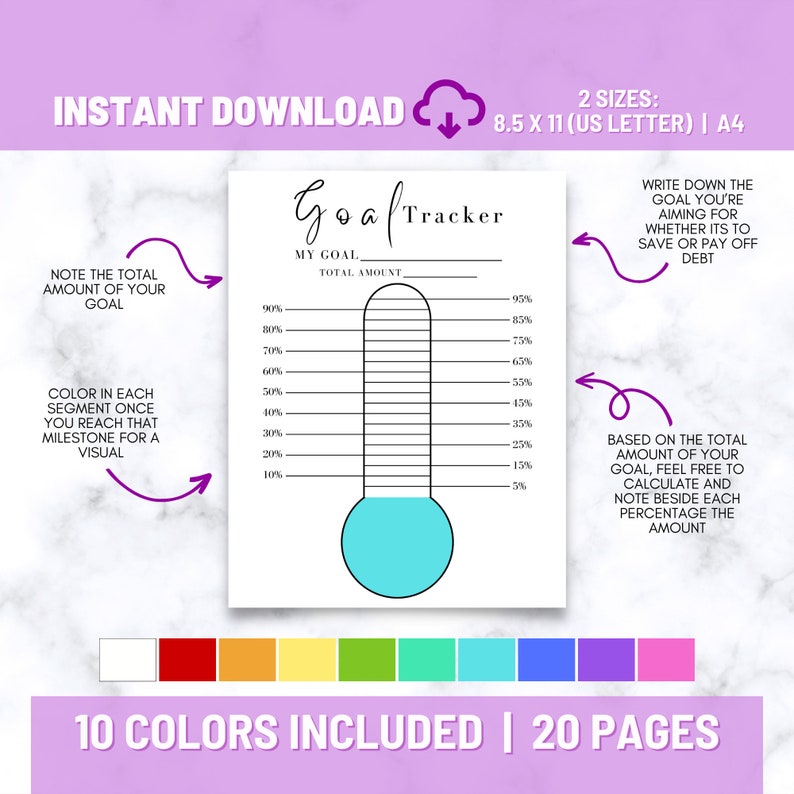 The blue version of the Goal Tracker shown with some highlights of being able to note your goal, goal amount and that you can color in your progress towards your savings or debt payoff goal.