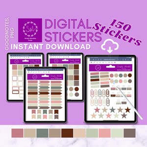 Pode incluir: Folha de adesivos digitais com 150 adesivos em várias cores e designs, incluindo estrelas, círculos, quadrados, retângulos, flechas e clipes. A folha de adesivos é exibida na tela de um tablet digital.