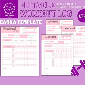 Workout Log Template | 4 | Gym Journal Printable | Canva Workout Template | Fitness Tracker Planner | Gym Log Bundle | Pink Gym Printable
