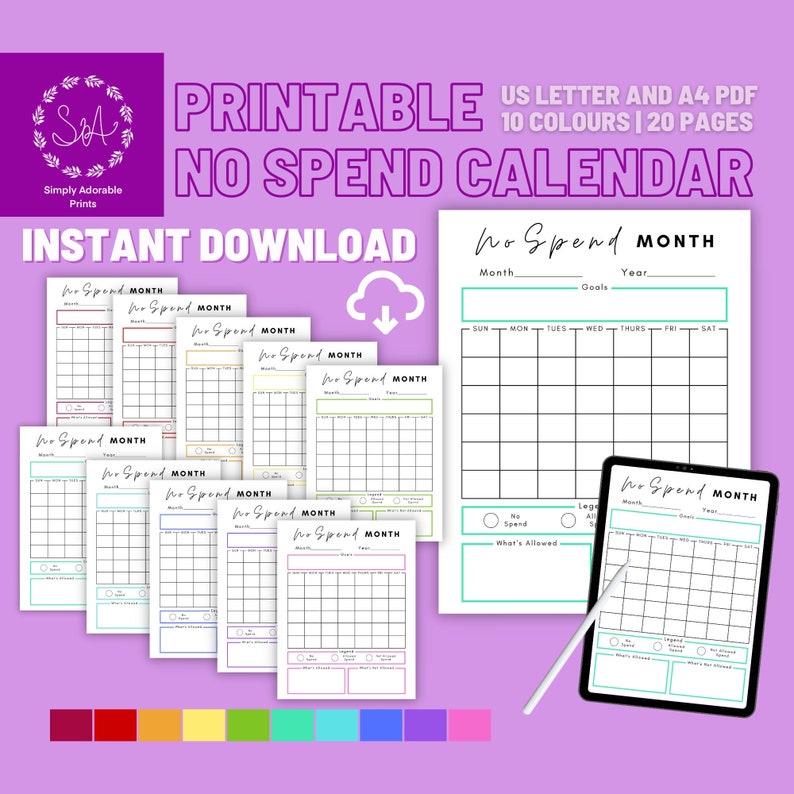 Digital No Spend Calendar | 20 | No Spend Month | Printable No Spend