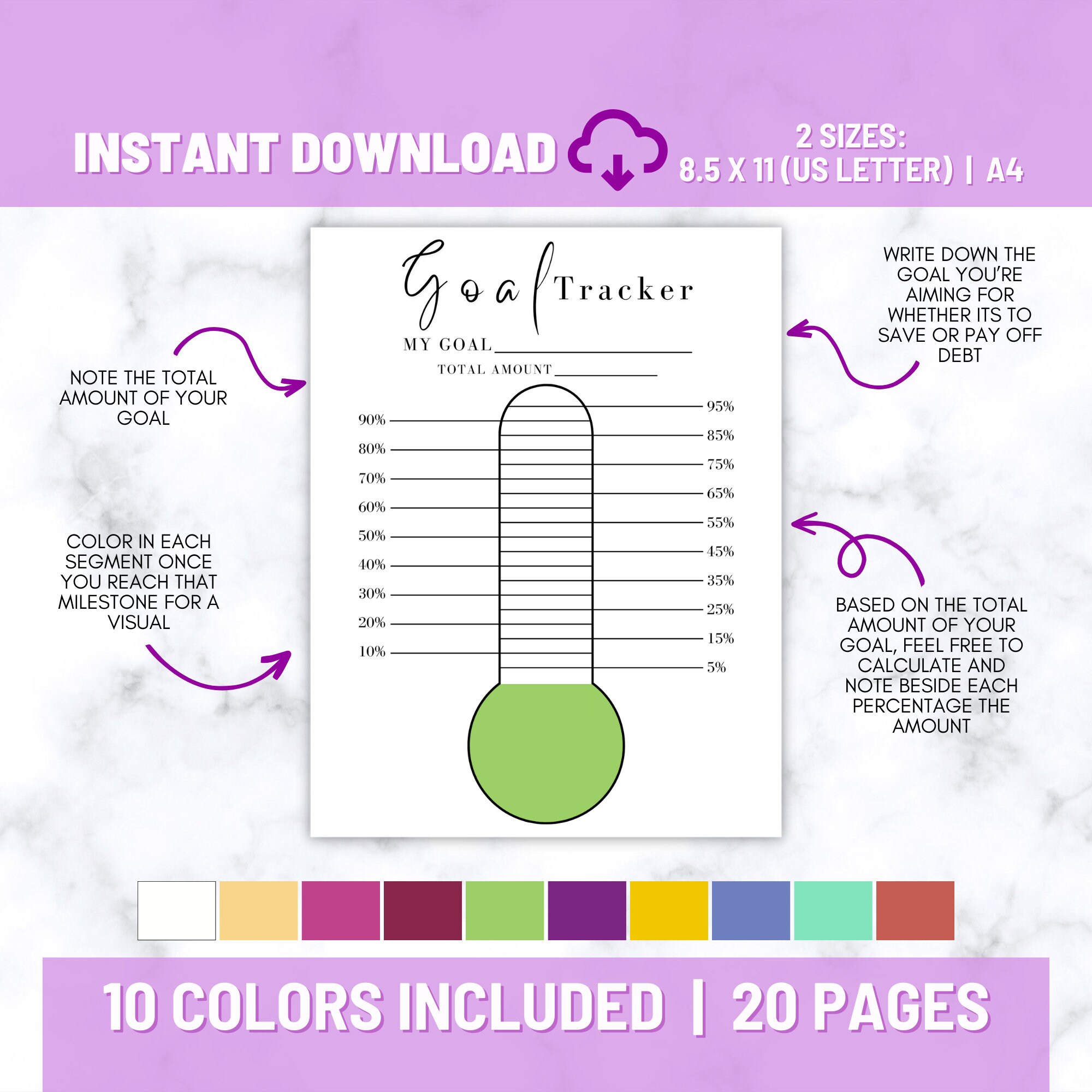 Printable Goal Thermometer 20 Digital Goal Tracker Debt - Etsy