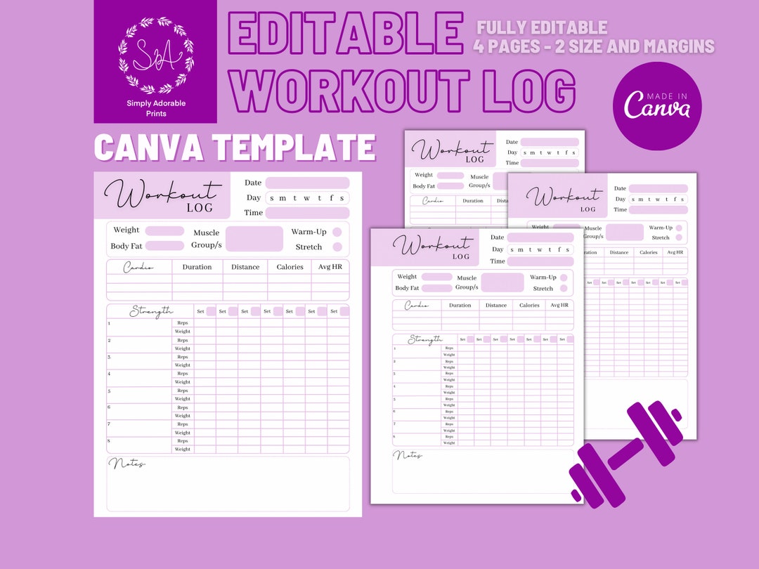 Workout Log Template | 4 | Gym Journal Printable | Canva Workout ...