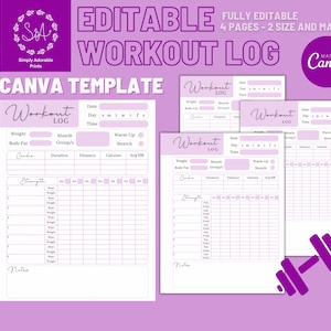 Peut inclure: Modèle de journal d'entraînement éditable en violet et blanc avec le texte "Workout Log" et "Canva Template". Le modèle comprend des sections pour le poids, la graisse corporelle, les groupes musculaires, le cardio, la force et les notes.