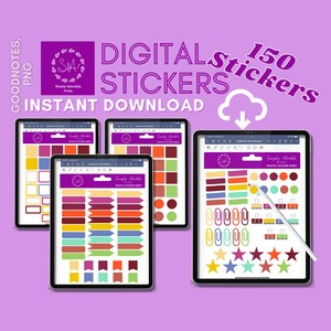 Pode incluir: Folha de adesivos digitais com 150 adesivos em várias cores e designs, incluindo bandeiras, flechas, estrelas e clipes. A folha é exibida na tela de um tablet com o texto "Simply Adorable Prints" e "Digital Sticker Sheet".
