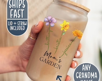 Mom's Garden Cup, Grandkids Birth Flower Glass Cup, Personalized Mom Iced Coffee Cup, Birthflower Gift for Mom Tumbler, Mom Cup Mothers Day