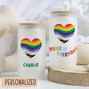 Personalized Pride Month Frosted Glass Can Rainbow Heart, Pride Day Glass Tumbler, Beer Can Cup, LGBTQIA Custom Cup, Pride Day Glass Can