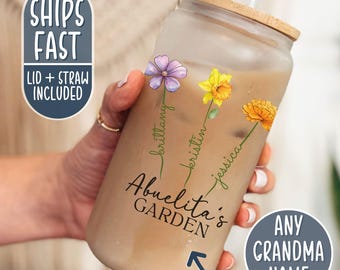 Abuelita's Garden Cup, Grandkids Birth Flower Glass Cup, Personalized Abuelita's Iced Coffee Cup, Birthflower Gift for Abuelita Tumbler