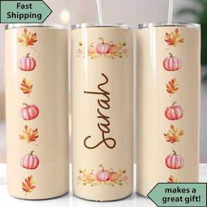 Personalized Fall Tumbler, Pumpkin and Leaf Travel Cup, Thanksgiving Tumbler, Custom Name Autumn Tumbler for Her, Pumpkin Leaf Travel Mug