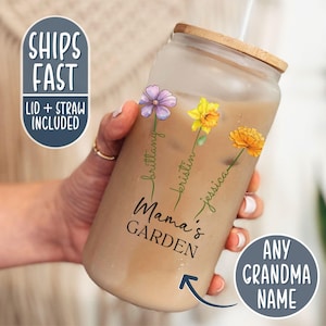 Mama&#39;s Garden Cup, Grandkids Birth Flower Glass Cup, Personalized Mama Iced Coffee Cup, Birthflower Gift for Mama Tumbler, Mama Cup
