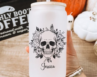 Personalized Skull Iced Coffee Glass, Custom Name Skull Glass Can Cup, Halloween Skull Glass Tumbler, Skull Glass Tumbler, Sugar Skull Cup