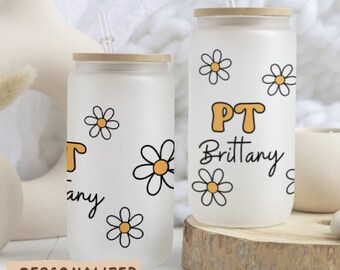 Personalized Physical Therapy Glass Tumbler, Retro P.T. Iced Coffee Cup, PT Glass Cup, Custom Physical Therapy Month Glass Can Cup Gift