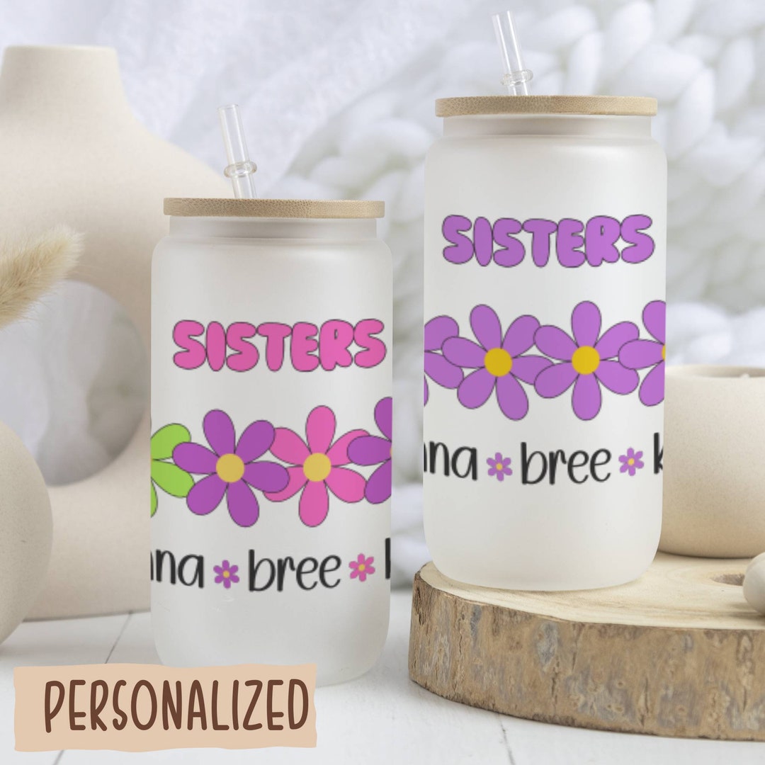 Personalized Sisters Iced Coffee Cup, Retrofloral Glass Can Cup, Custom ...