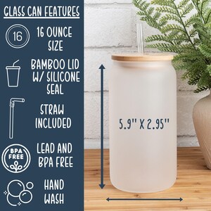 May include: A frosted glass can-shaped tumbler with a bamboo lid and a clear straw. The tumbler is 5.9" high and 2.95" wide, with a 16-ounce capacity. Features include a silicone seal, and it is lead and BPA free.
