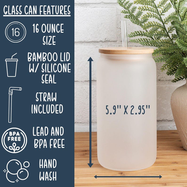 May include: A frosted glass can-shaped tumbler with a bamboo lid and a clear straw. The tumbler is 5.9" high and 2.95" wide, with a 16-ounce capacity. Features include a silicone seal, and it is lead and BPA free.